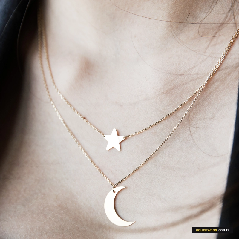 Çift Zincieli Ay Yıldız Kadın Kolye