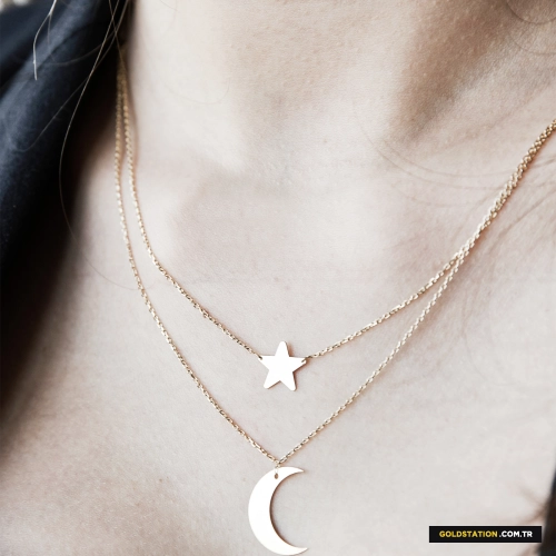 Çift Zincieli Ay Yıldız Kadın Kolye
